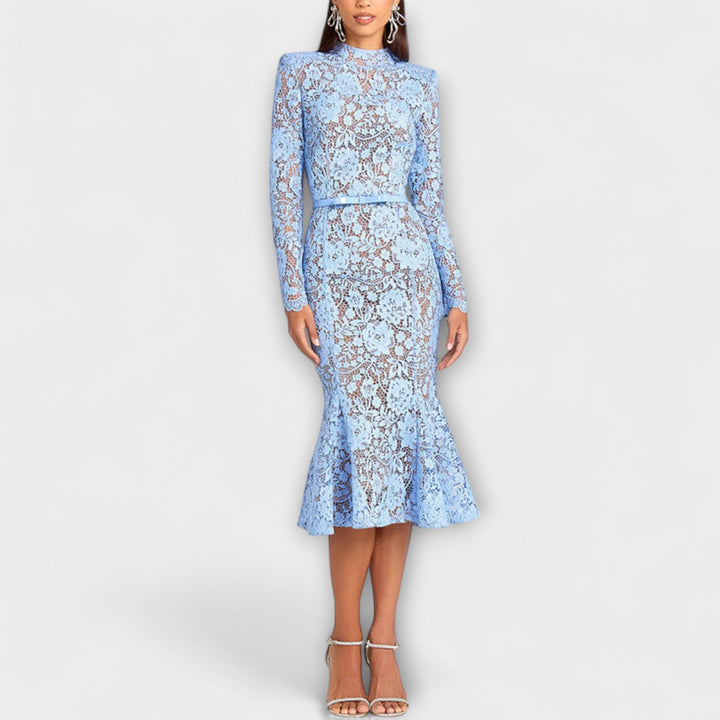 Freya - Elegantní Midi Šaty z Květnaté Krajky