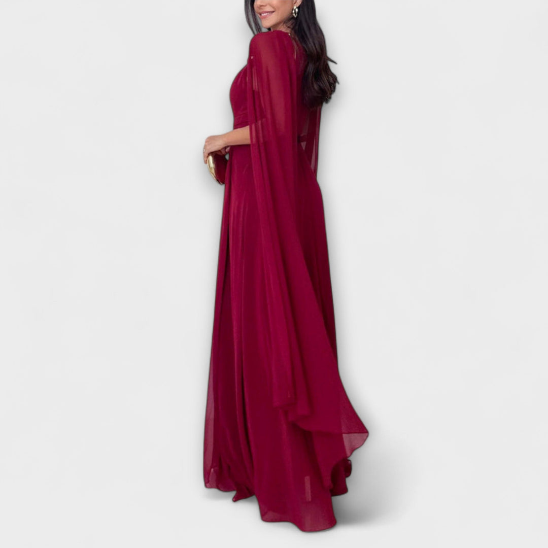 Mabel - Elegantní maxi šaty s pláštěm a vysokým rozparkem