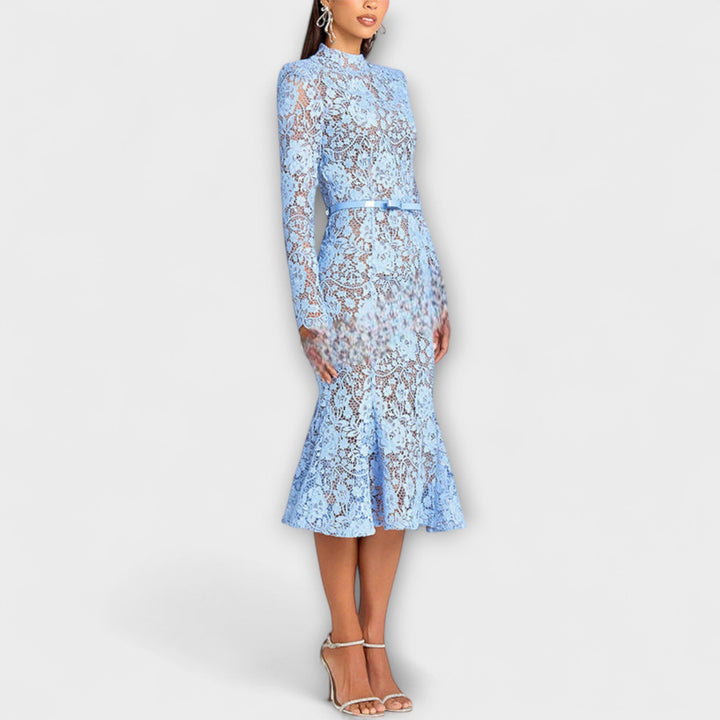 Freya - Elegantní Midi Šaty z Květnaté Krajky