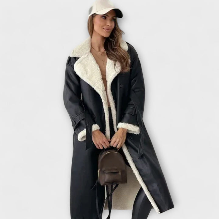 Maria – Dlouhá klasická bunda s fleecovou podšívkou a límcem z teddy materiálu