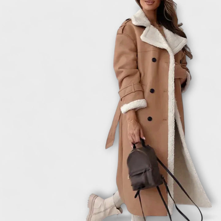 Maria – Dlouhá klasická bunda s fleecovou podšívkou a límcem z teddy materiálu